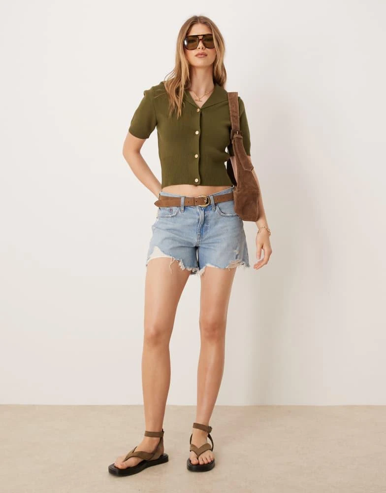 ASOS ASOS DESIGN short sleeve sailor collar cardigan in khaki 4