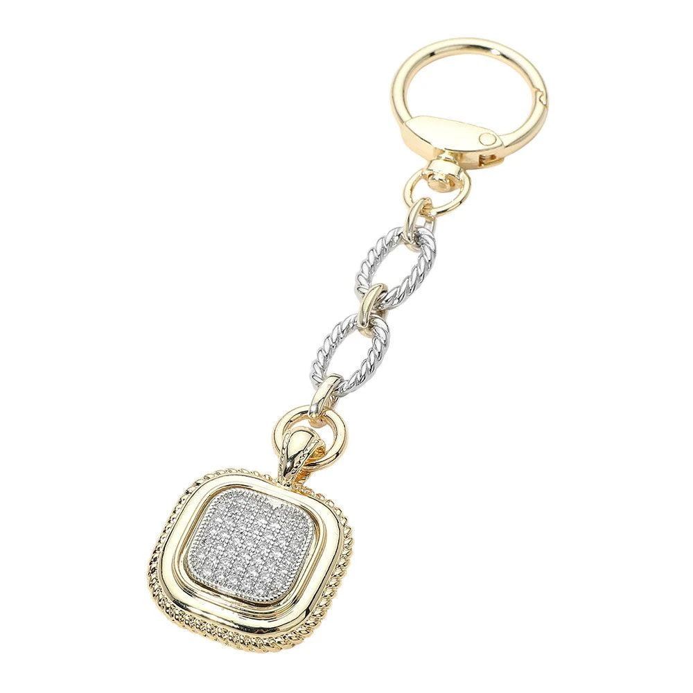 FASHNZFAB 14K Gold Plated CZ Pave Square Charm Drop Keychain Bag Charm 2