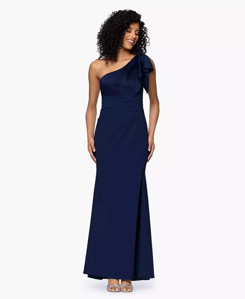 Betsy 
Adam Petite Long Satin One Shoulder Ball Gown