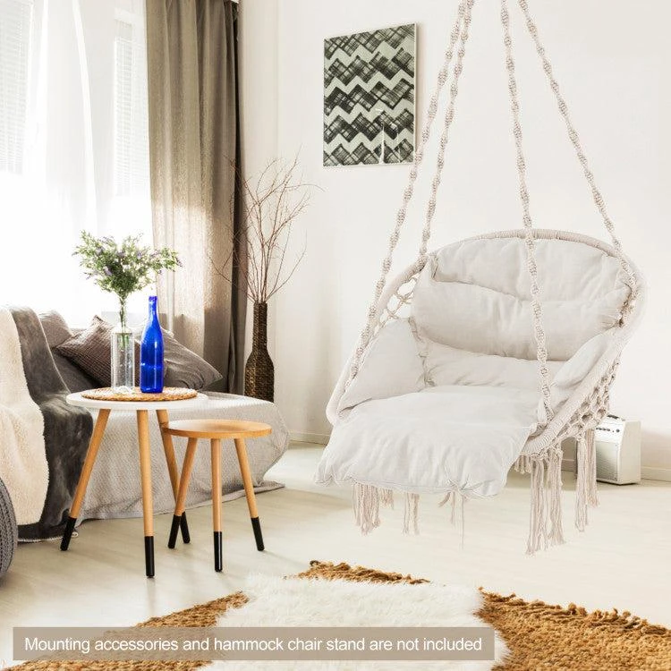 Hivvago Hammock Chair with Thick Cushion & Macrame Holds up to 330 LBS-Beige 2