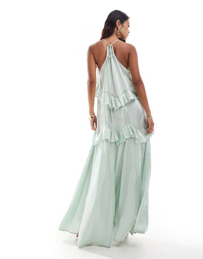ASOS ASOS DESIGN satin scoop neck cross back midi dress with frills in sage green 2