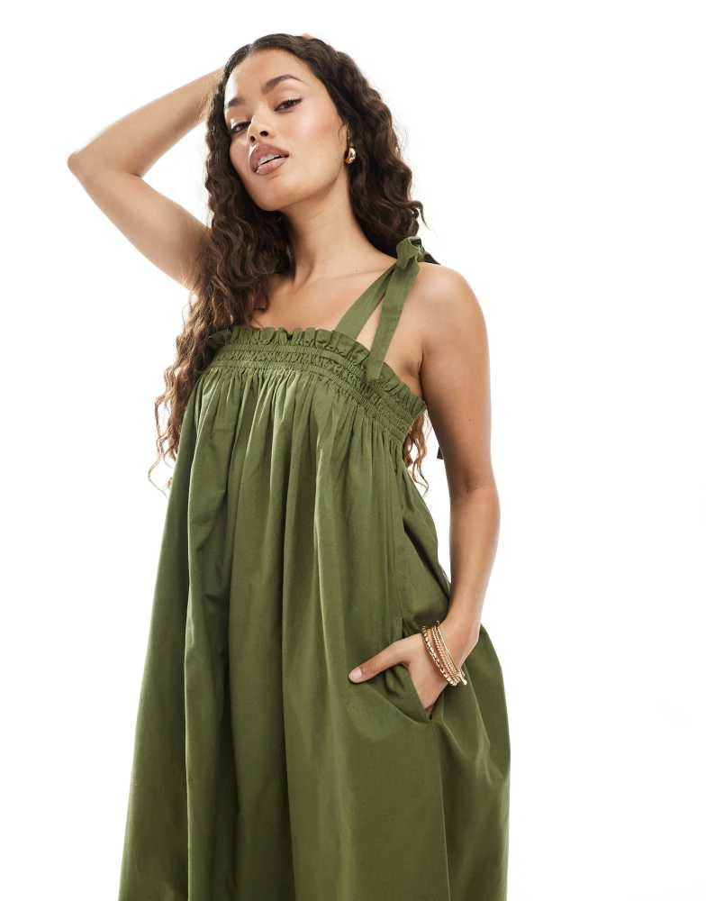 Miss Selfridge Miss Selfridge Petite strappy poplin maxi smock dress in olive 3