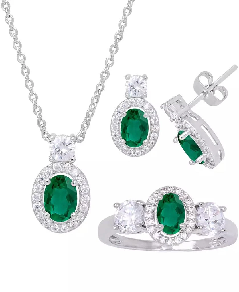 Macy's Simulated Emerald Oval Halo 3 Piece, Pendant, Earrings and Ring, Set in Silver Plate 1