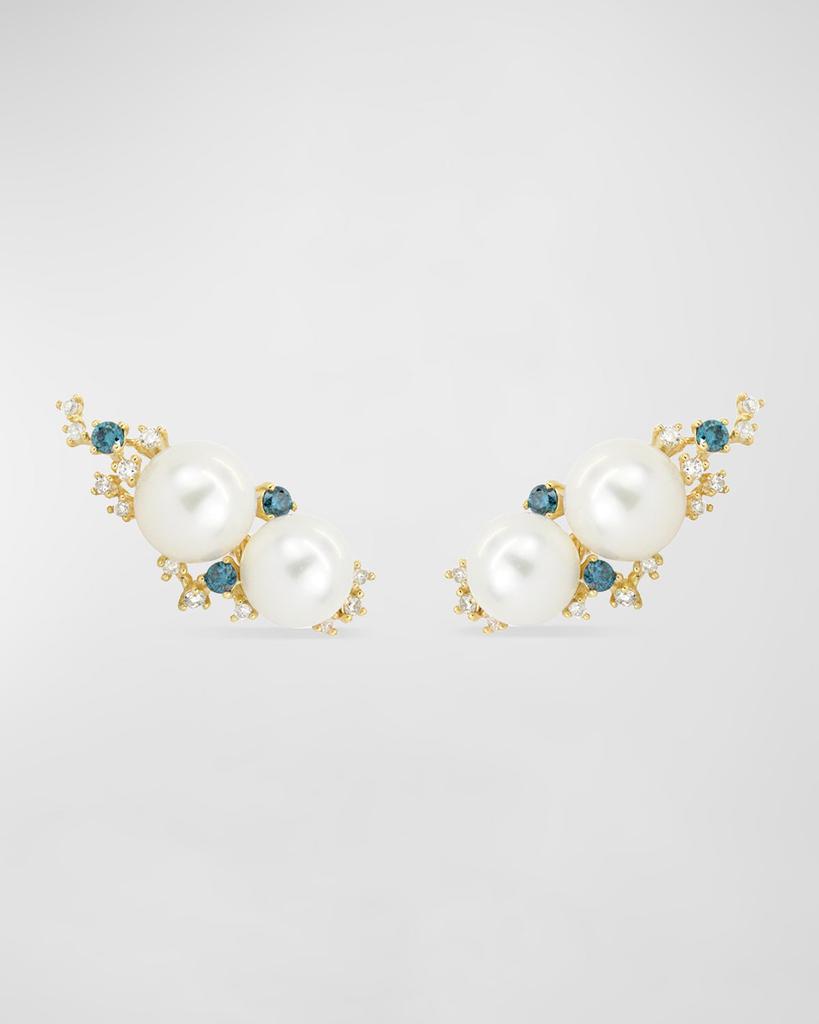 Stevie Wren Blue and White Diamond 14K Ear Climbers with Pearls