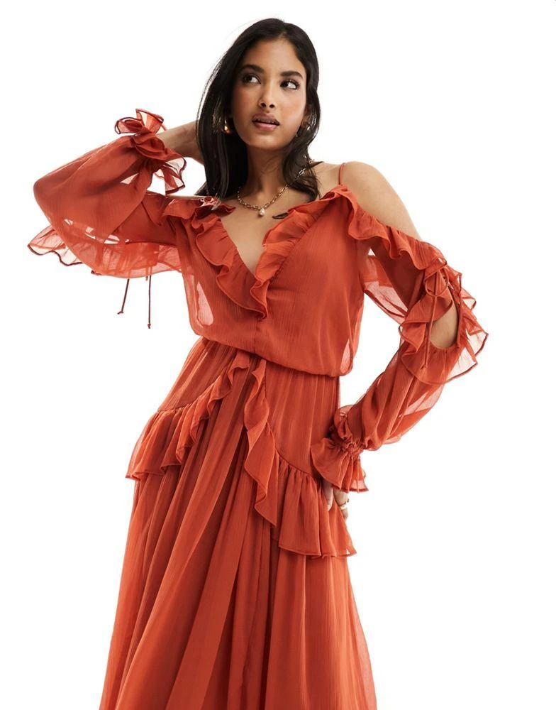 ASOS ASOS DESIGN ruffle off shoulder midi dress in rust 4