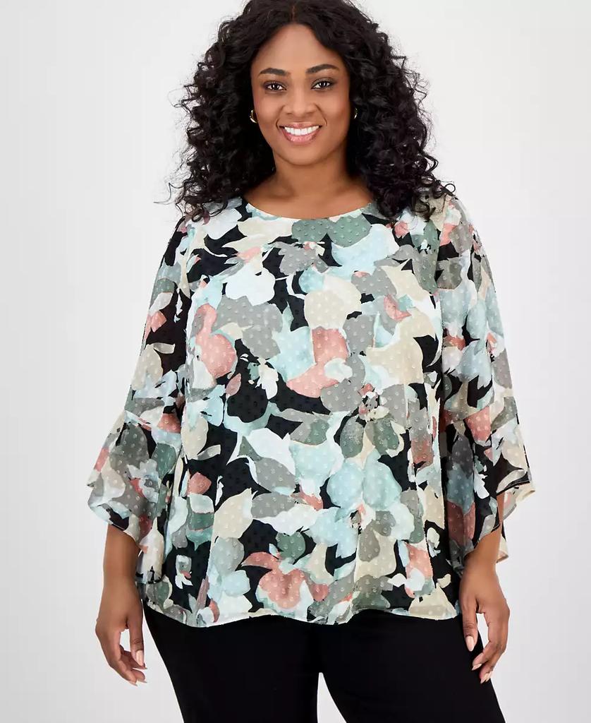 Kasper Plus Size Clip-Dot Ruffle-Sleeve Top