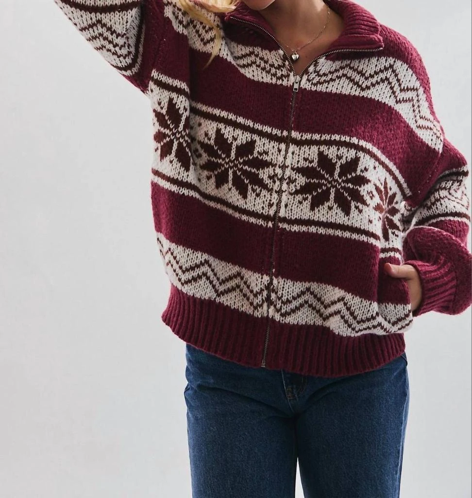 LE LIS Collared Zip Up Sweater Jacket In Burgundy 2