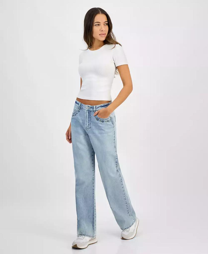 Indigo Rein Juniors' High-Rise Embroidered Wide-Leg Jeans