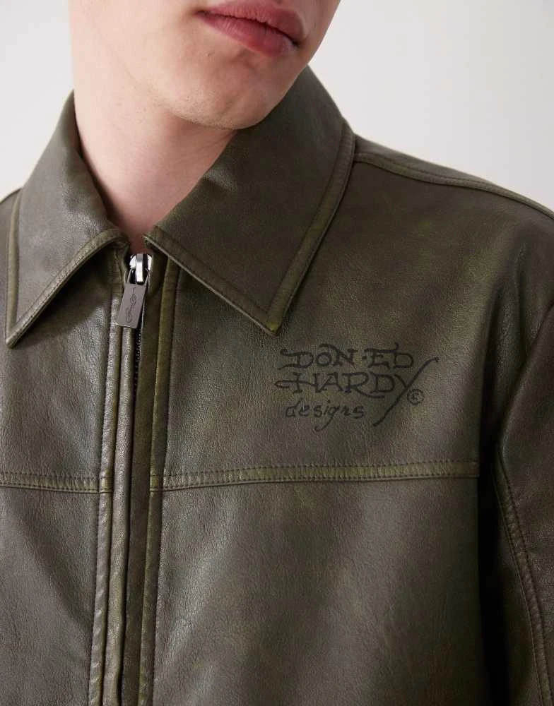 Ed Hardy Ed Hardy vintage washed vegan leather motorcross jacket in green 2