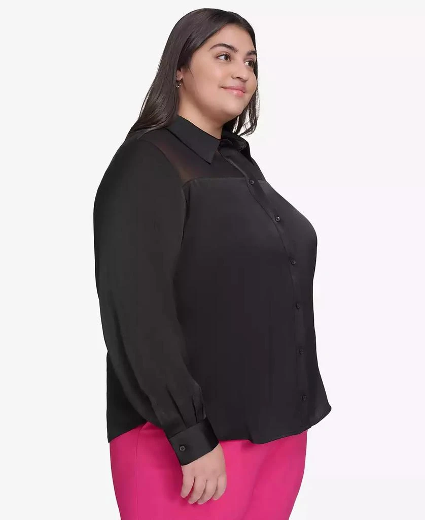 DKNY Plus Size Mixed Media Button Front Blouse 3