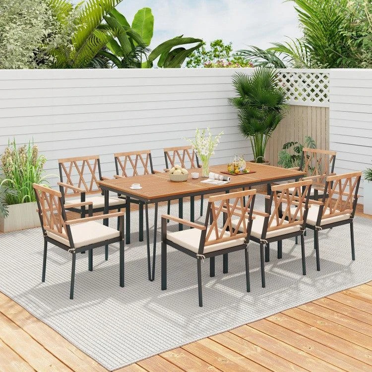 Hivvago 9-Piece Patio Dining Set 35.5 Inch Acacia Wood Table With Umbrella Hole And 22.5-Inch Wide Chairs 2