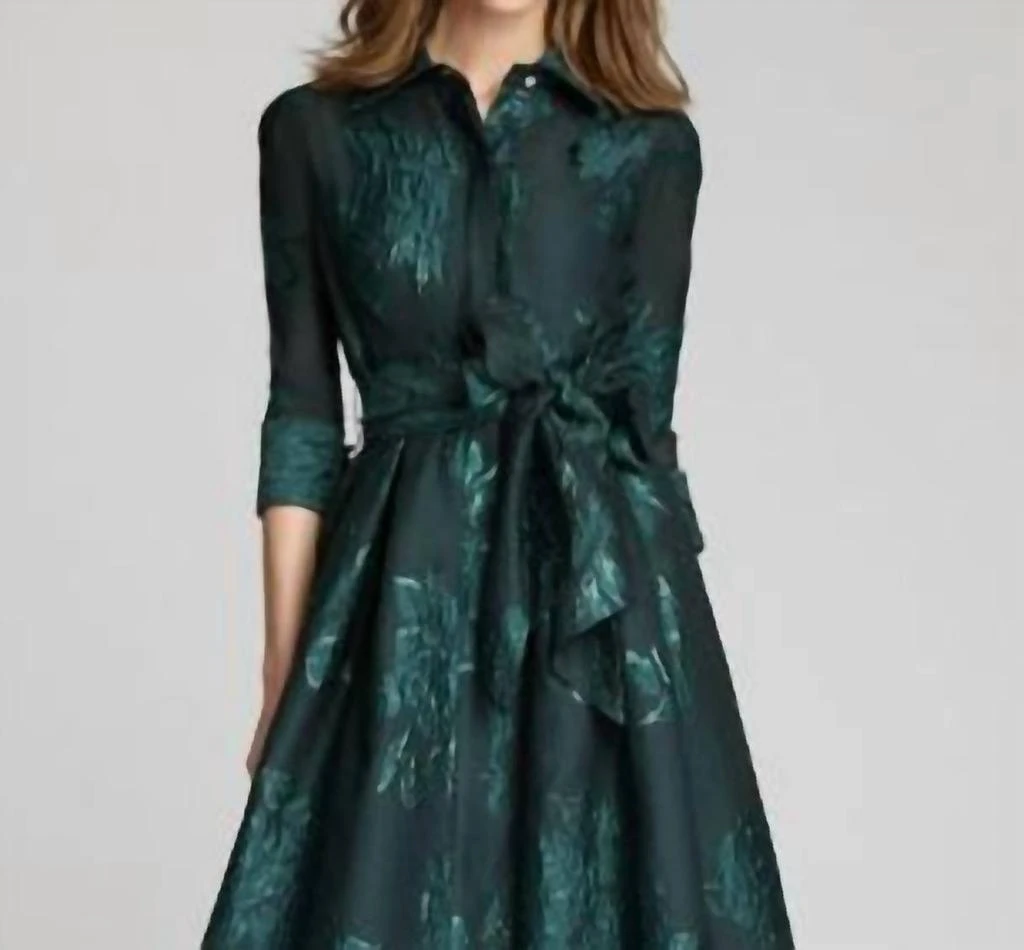 Teri Jon Teri Jon - Metallic Jacquard Shirtdress Gown With Floral Print 2