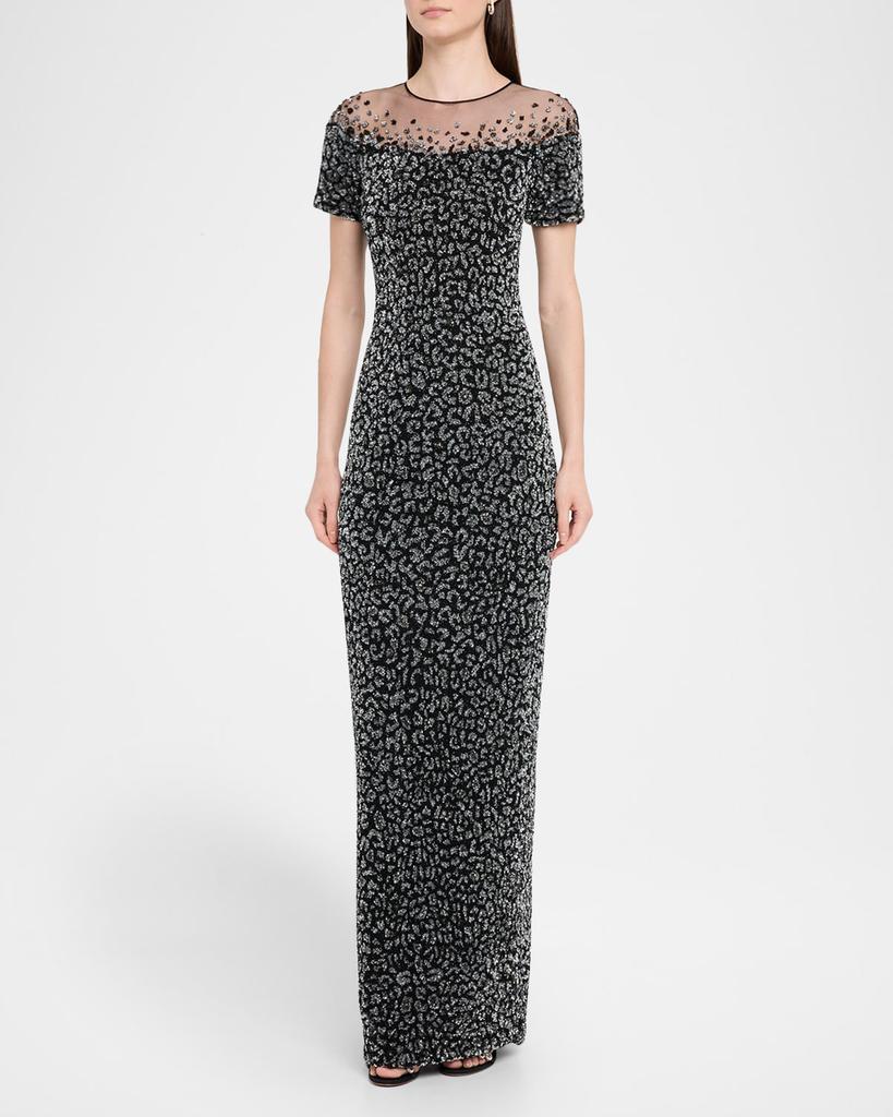 Pamella Roland Leopard Sequined Off-The-Shoulder Illusion Gown