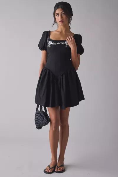 Kiss The Sky Kiss The Sky Floral Embroidered Puff Sleeve Open Bow-Back Mini Dress