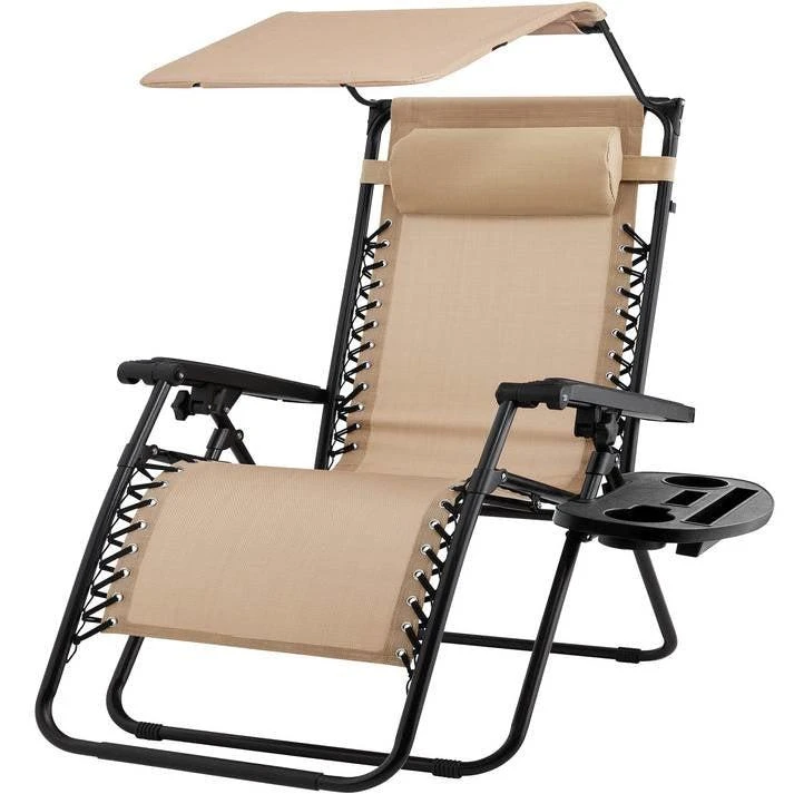 Hivvago Beige Zero Gravity Folding Reclining Patio Lounge Chair with Canopy Sun Shade