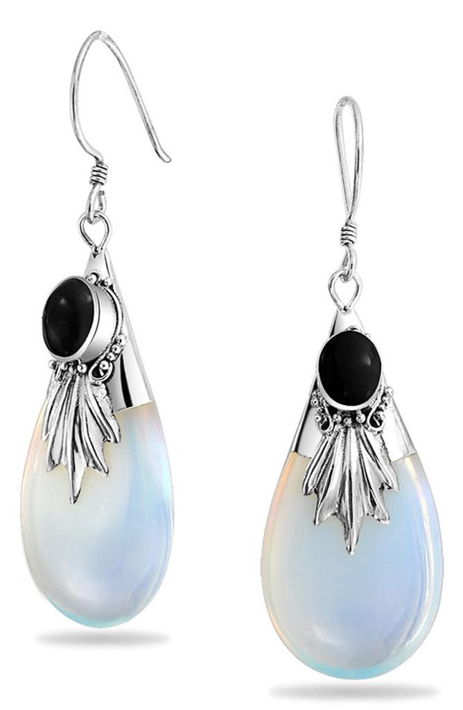 BLING JEWELRY Sterling Silver Bezel Set Simulated Black Onyx & Opalite Drop Earrings