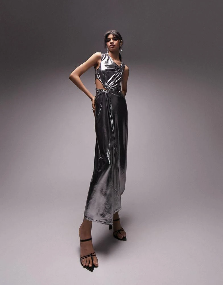 Topshop Topshop asymmetric metallic cut out midi dress in silver 2