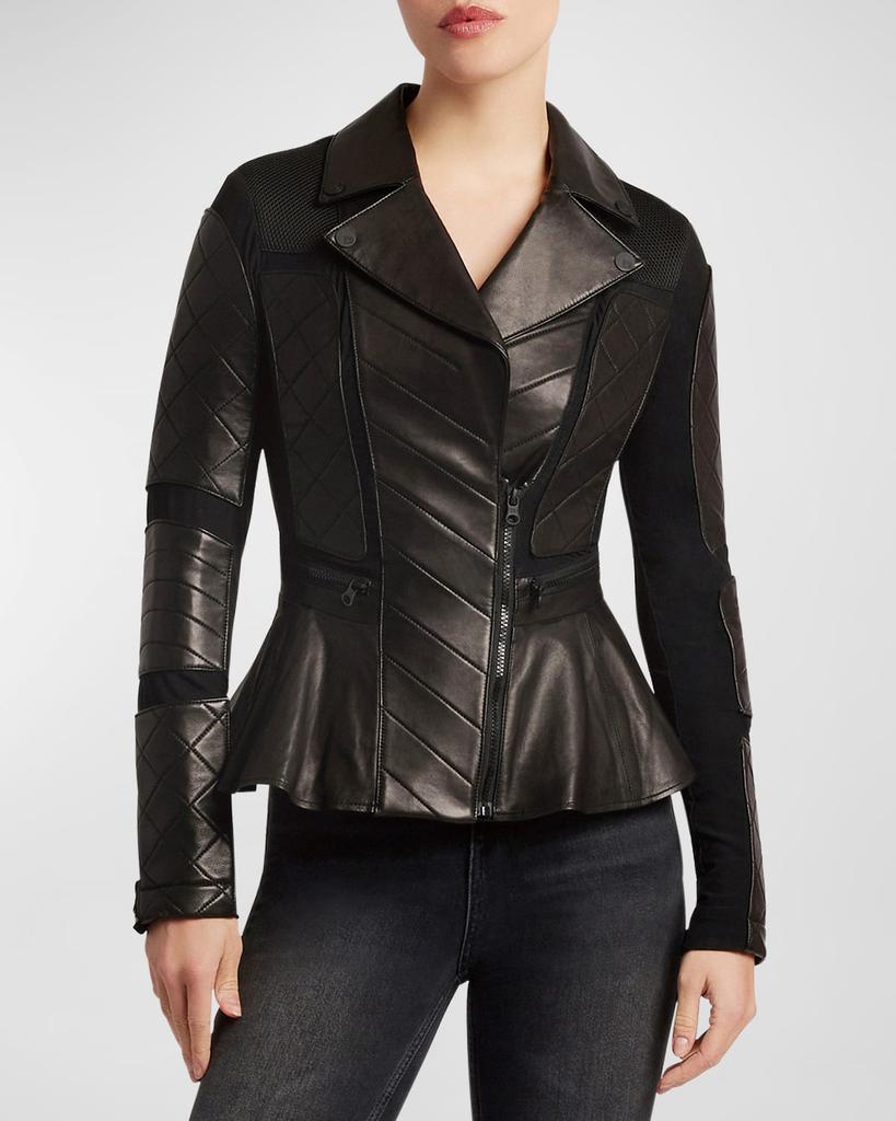 Blanc Noir Moto Mesh Peplum Leather Jacket