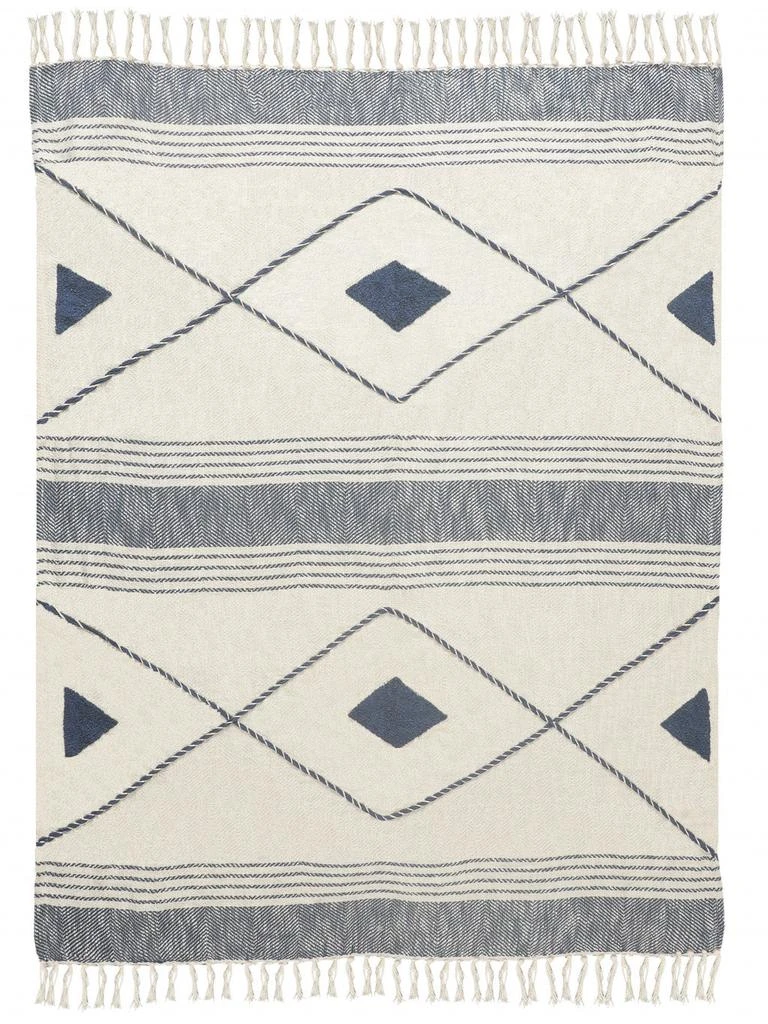 Hivvago 60" X 50" Blue and Off White Woven Cotton Striped Throw Blanket with Fringe 3