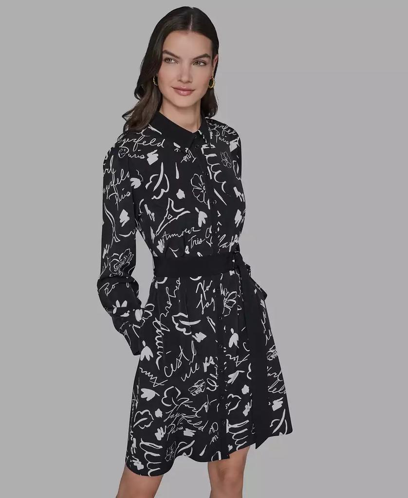 Karl Lagerfeld Paris Women's Printed Silky Crepe Belted Shirt Dress