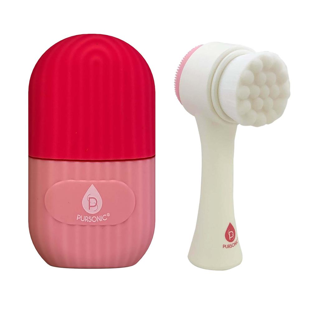 PURSONIC Perfect Skincare Duo: Ice Cube Facial Roller Massager for Face, Eyes, and Neck & Dual Sided Facial Cleansing Brush