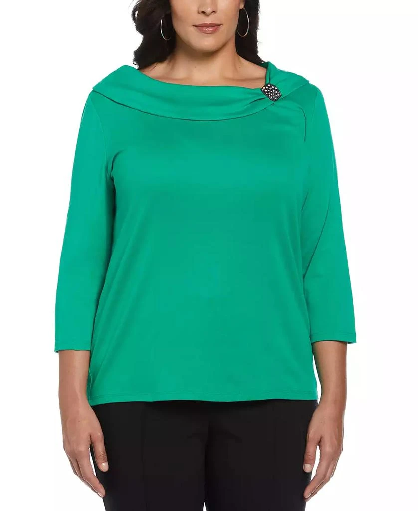 Rafaella Plus Size Ribbed Marilyn Neck 3/4 Sleeve Top with Decorative Brooch 1