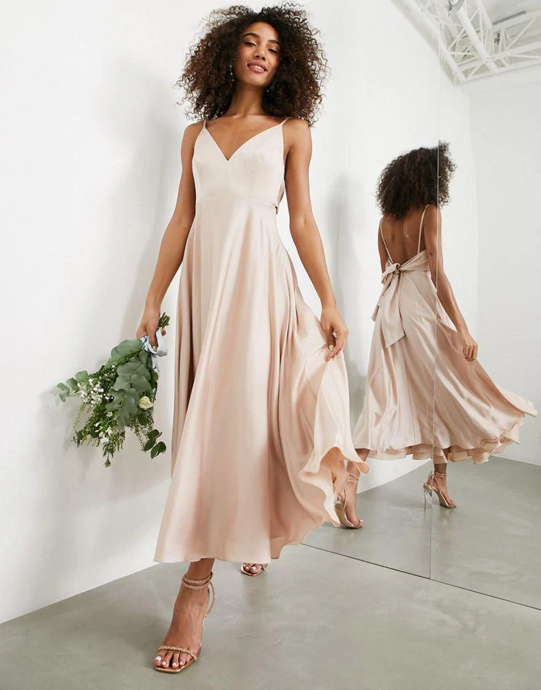 ASOS DESIGN ASOS DESIGN Bridesmaid satin midi dress with tie back in blush 1