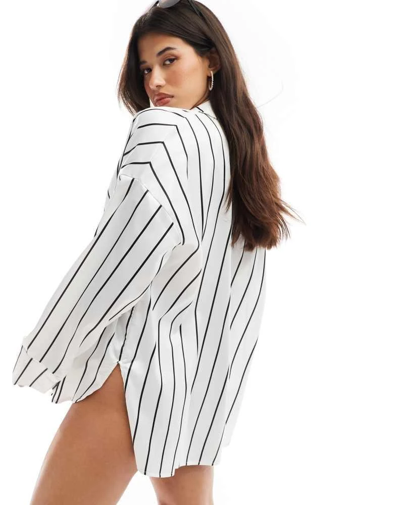 Kaiia Kaiia exclusive satin oversized beach shirt in black and white stripe 4