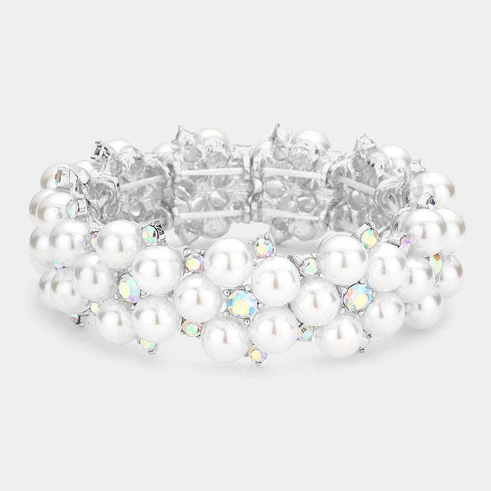 FASHNZFAB Pearl Flower Cluster Link Stretch Bracelet AB, Silver
