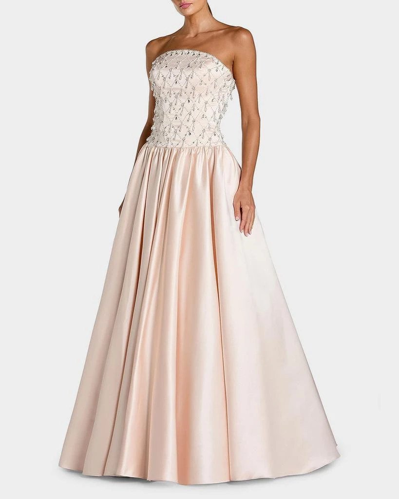 Mac Duggal Satin Beaded Drop-Waist Strapless Ballgown