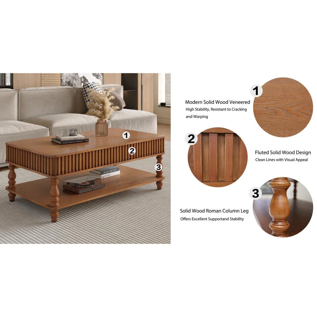 Streamdale Furniture Streamdale Vintage Brown Lift Top Coffee Table - Solid Wood, Tool-Free Assembly 6