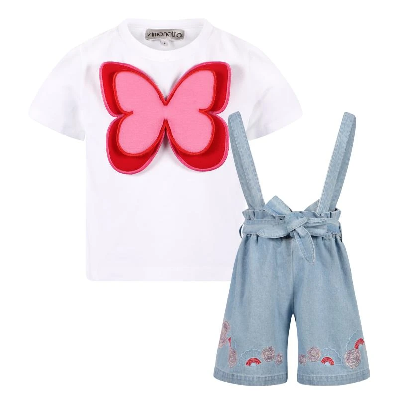 SIMONETTA Large butterfly applique t shirt and embroidered short denim salopettes in white and blue 1