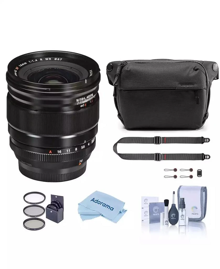 Fujifilm XF 16mm f/1.4 R WR Lens, Bundle with Peak Design 6L Everyday Sling V2, SlideLITE Strap, 67mm Filter Kit, Cleaning Kit, Microfiber Cloth