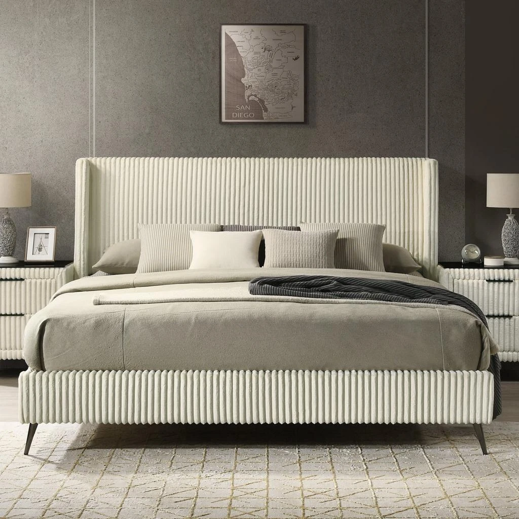 Streamdale Furniture Streamdale Wide Wale Corduroy Upholstery Panel King Bed with 2 Nightstands, Cream 5