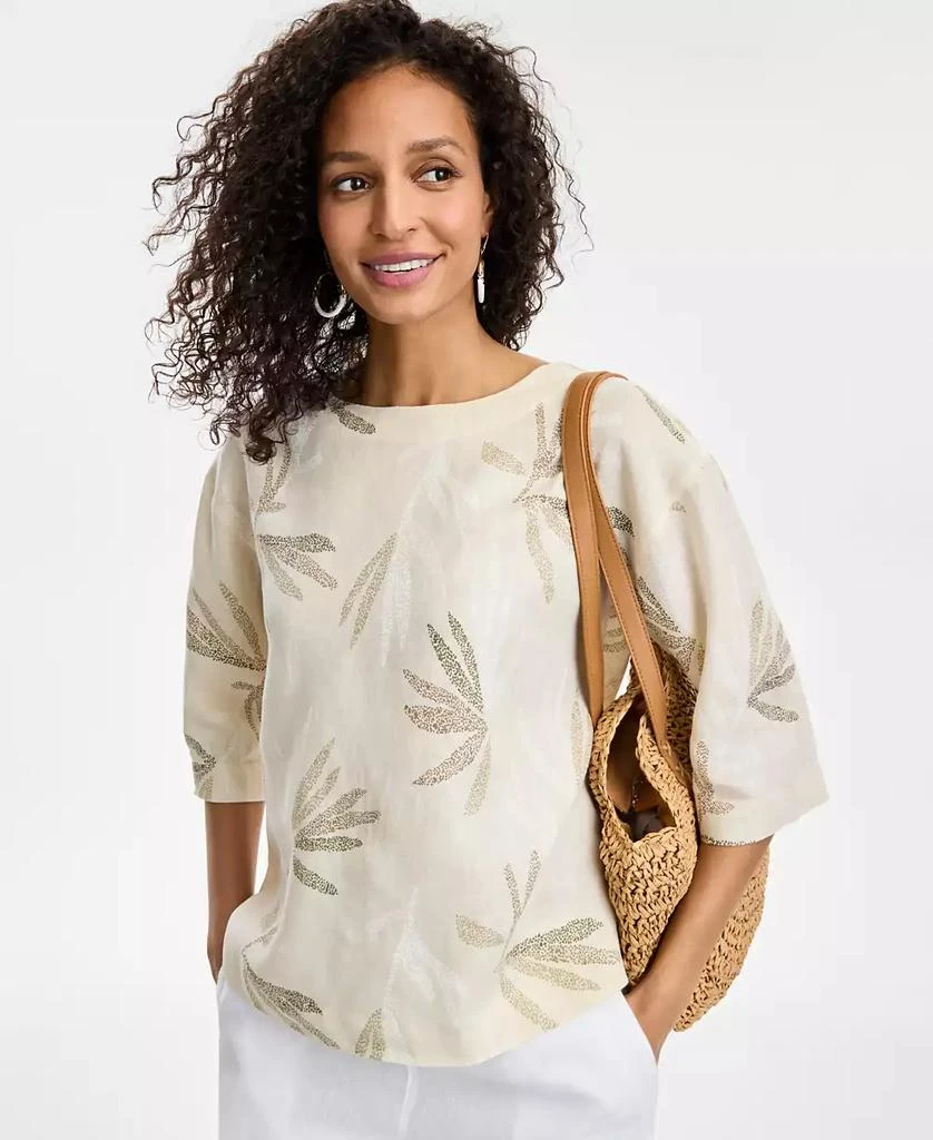 Charter Club Women's Palm-Print 100% Linen Top, Exclusively at Macy's 2
