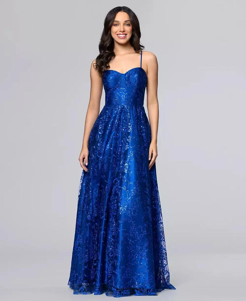 Blondie Nites Juniors' Glitter Lace-Up Sweetheart Gown - Royal - 0 Blondie Nites Juniors' Glitter Lace-Up Sweetheart Gown - Royal - 0