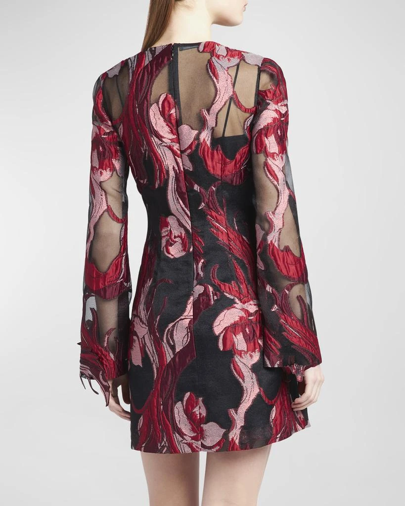 Alberta Ferretti Flower-Applique Long-Sleeve Sheer Floral Brocade Mini Dress 6