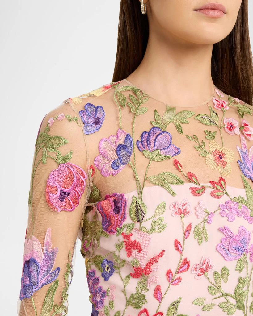 Naeem Khan Floral Embroidered Long-Sleeve Illusion Gown 5