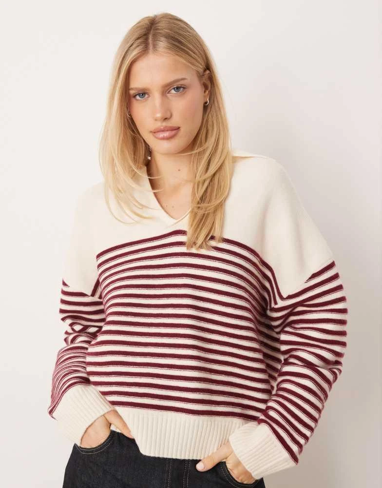 Mango Mango v neck knitted polo top in burgundy stripe