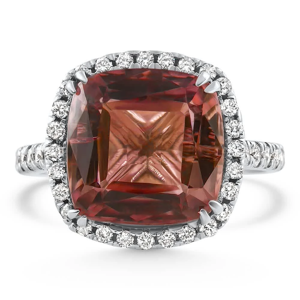 Pompeii3 6.84Ct Red Brown Cushion Tourmaline Diamond Halo Ring 14k White Gold Lab Grown Size: 6