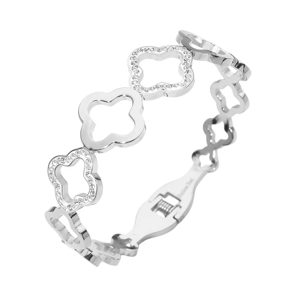 FASHNZFAB Stainless Steel CZ Pave Accent Open Quatrefoil Link Hinged Bangle Bracelet 2