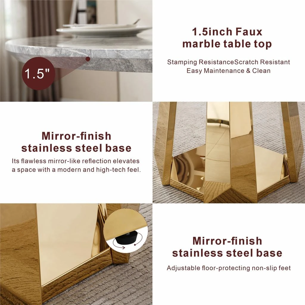 Streamdale Furniture Streamdale 47" Round Marble Dining Table with Stainless Steel Base (Gold/Gray) 2