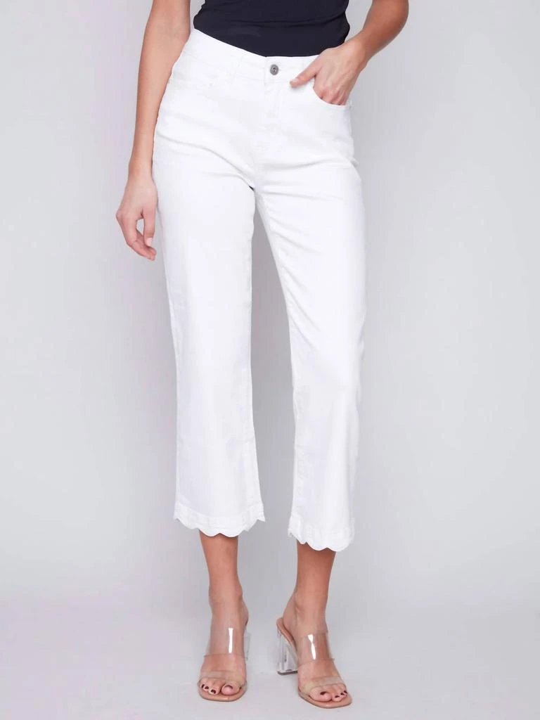 CHARLIE B Straight Leg Twill Denim Scalloped Hem Jeans In White 1