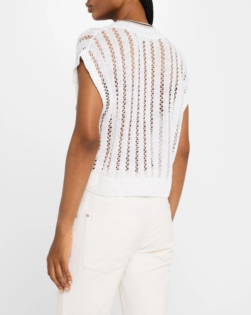 Brunello Cucinelli V-Neck Tipped Linen Paillette Lattice Knit Sweater 3