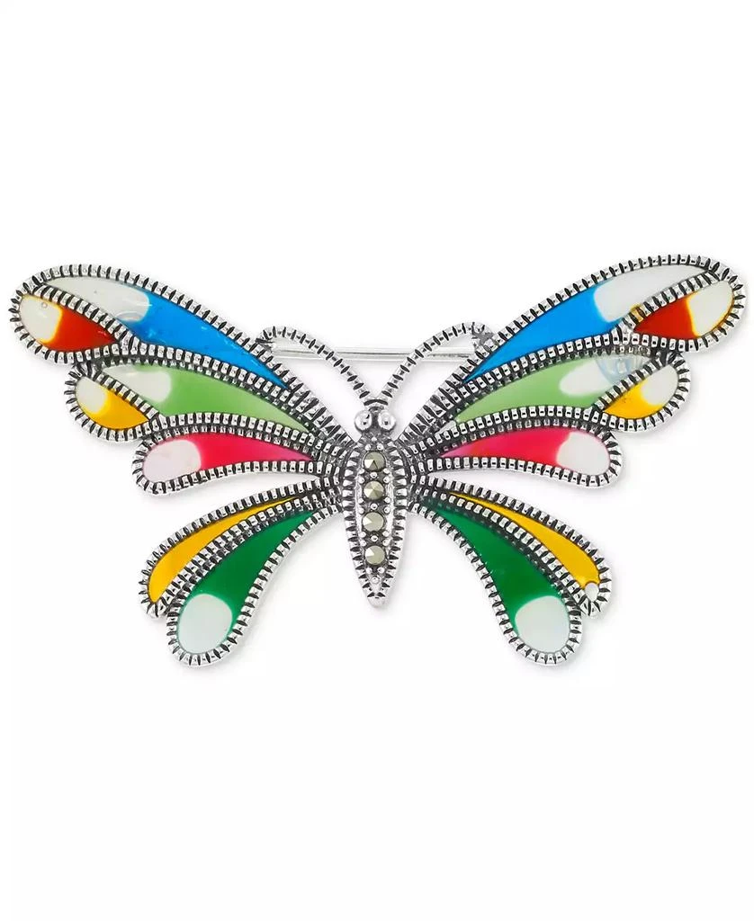 Macy's Marcasite (1/10 ct. t.w.), Cubic Zirconia, & Multicolor Enamel Butterfly Pin in Sterling Silver 1