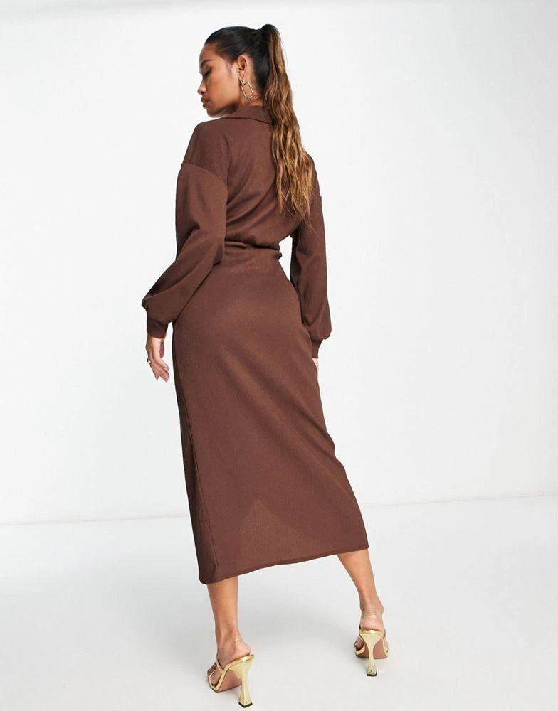 ASOS ASOS DESIGN textured collared wrap midi dress in brown 2