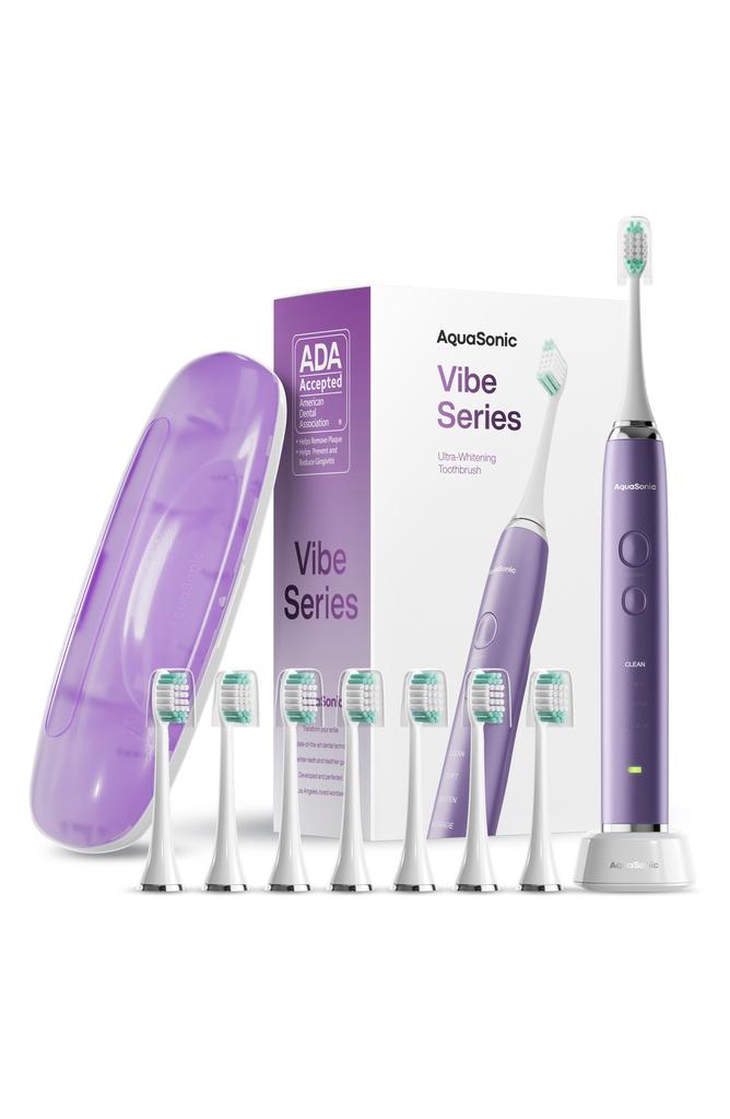 AQUASONIC VIBE Series Satin Violet UltraSonic Whitening Toothbrush wiht 8 DuPont Brush Heads & Travel Case