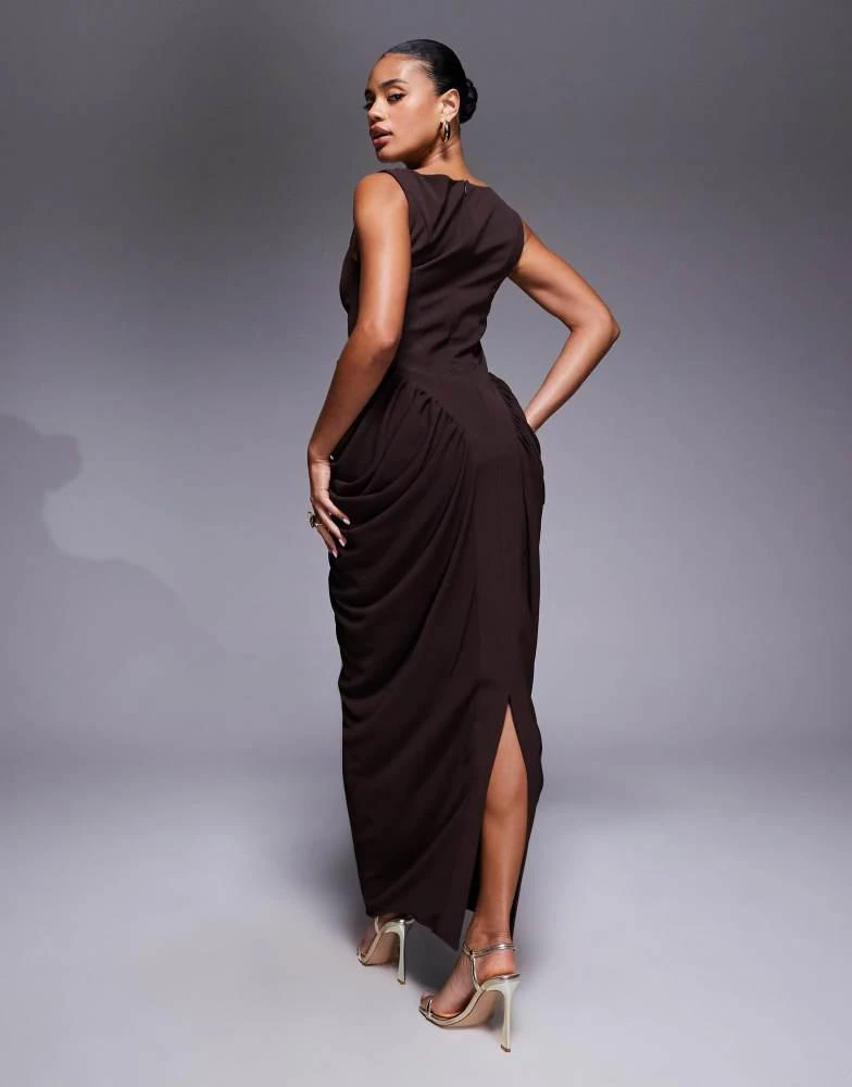 ASOS ASOS DESIGN scoop neck bonded bodice maxi dress with draped skirt in chocolate 3