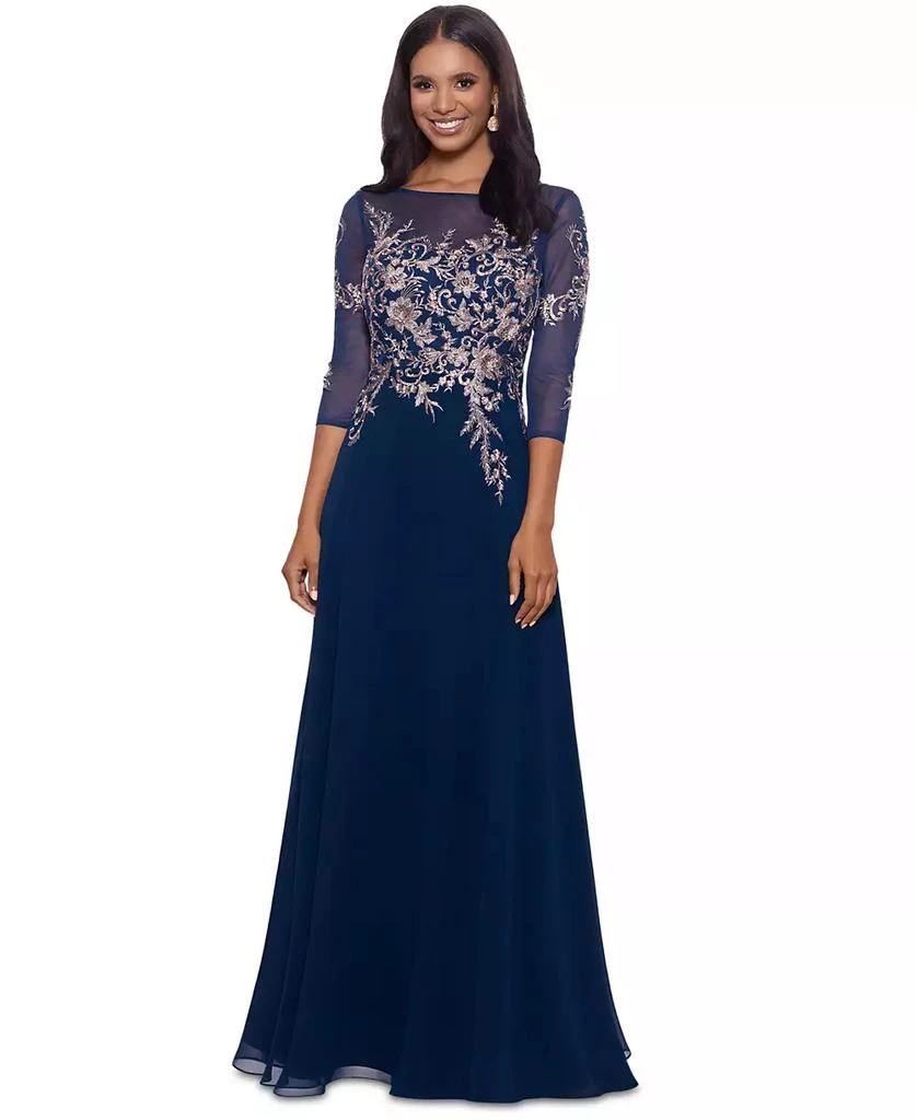 Betsy & Adam Embroidered 3/4-Sleeve Gown 1