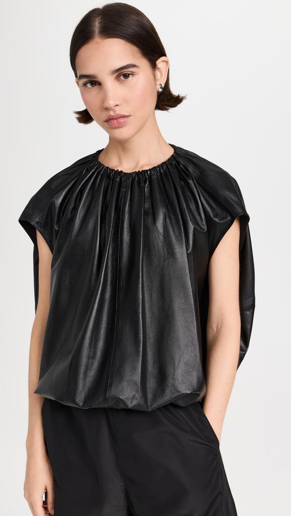 Tibi Feather Weight Leather Shirred Neck Circular Top